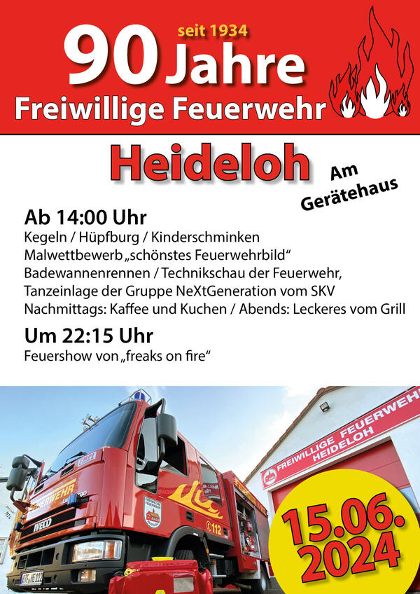 Bild vergrößern: Plakat zum Jubiläumsfest von 90 Jahren Freiwillige Feuerwehr Heideloh