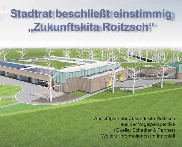 Bild vergrößern: Titelblatt vom Lindenstein 1/2024: Stadtrat beschliet einstimmig die Zukunftskita Roitzsch
