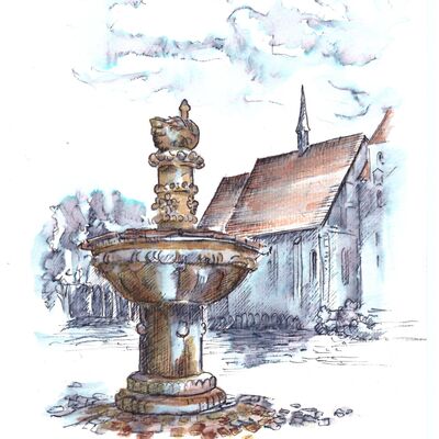 Bild vergrößern: Marktbrunnen mit der goldenen Gans gemalt von Rosi Voigt