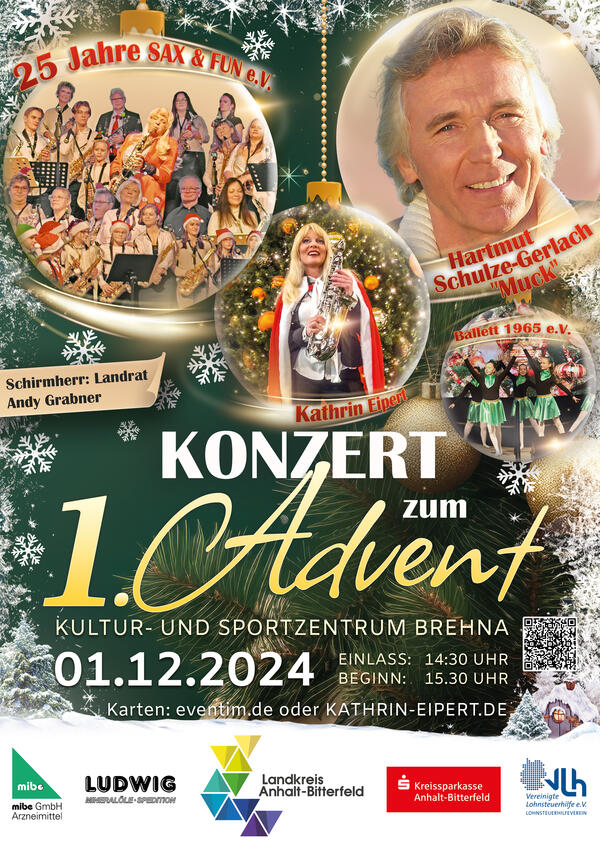 Bild vergrößern: Silbernes Jubiläums-Konzert zum 1. Advent mit Sax und fun e.V., Kathrin Eipert und Stargast Hartmut Schulze-Gerlach Muck