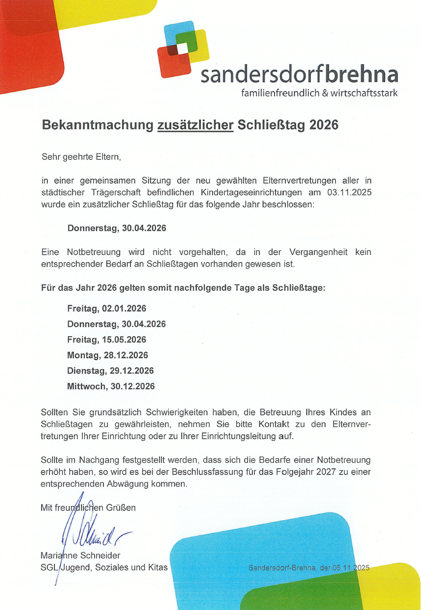 Schließtage 2026 (neu)