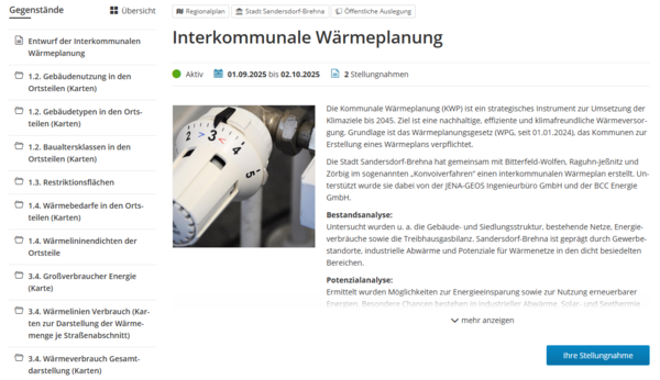 Bild vergrößern: Ansicht der Beteiligung "Interkommunale Wärmeplanung" auf dem Beteiligungsportal Sachsen-Anhalt