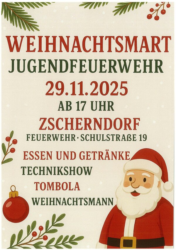 Veranstaltungsplakat Weihnachtsmarkt Jugendfeuerwehr Zscherndorf 2025