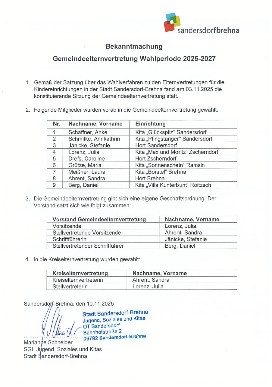 Bekanntmachung Gemeinde- und Kreiselternvertreter