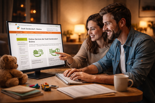 Ein P&auml;rchen informiert sich &uuml;ber die Online-Dienste zuhause an ihrem eigenen Rechner. (KI-generiert)