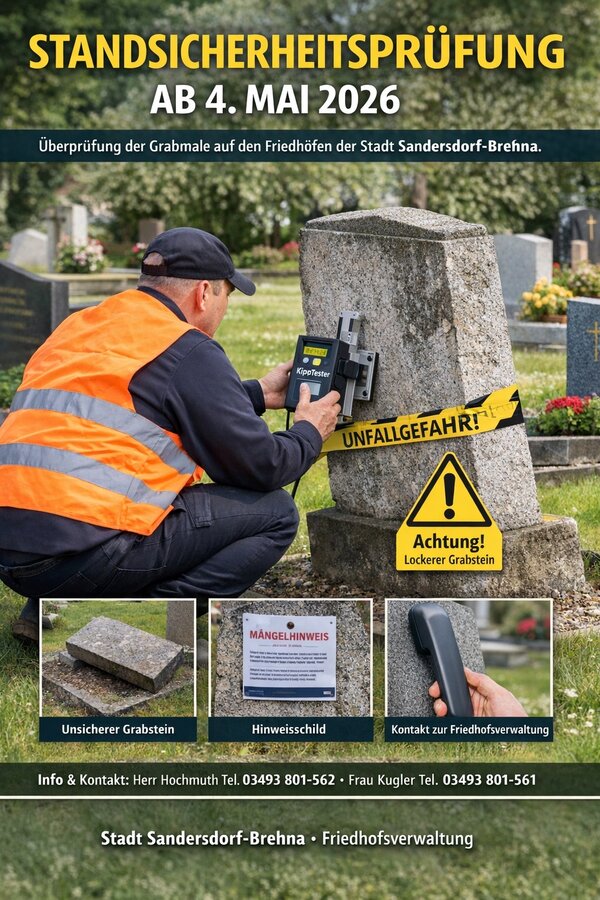 Ab dem 4. Mai 2026 findet die Untersuchung der STandsicherheit von Grabsteinen auf den Friedh&ouml;fen der Stadt Sandersdorf-Brehna statt. Dies ist ein Musterbild mit Informationen, KI-generiert.