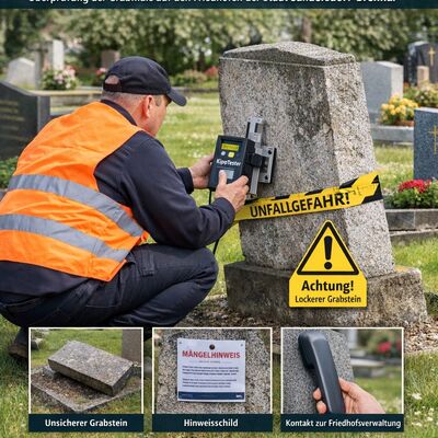 Ab dem 4. Mai 2026 findet die Untersuchung der STandsicherheit von Grabsteinen auf den Friedh&ouml;fen der Stadt Sandersdorf-Brehna statt. Dies ist ein Musterbild mit Informationen, KI-generiert.